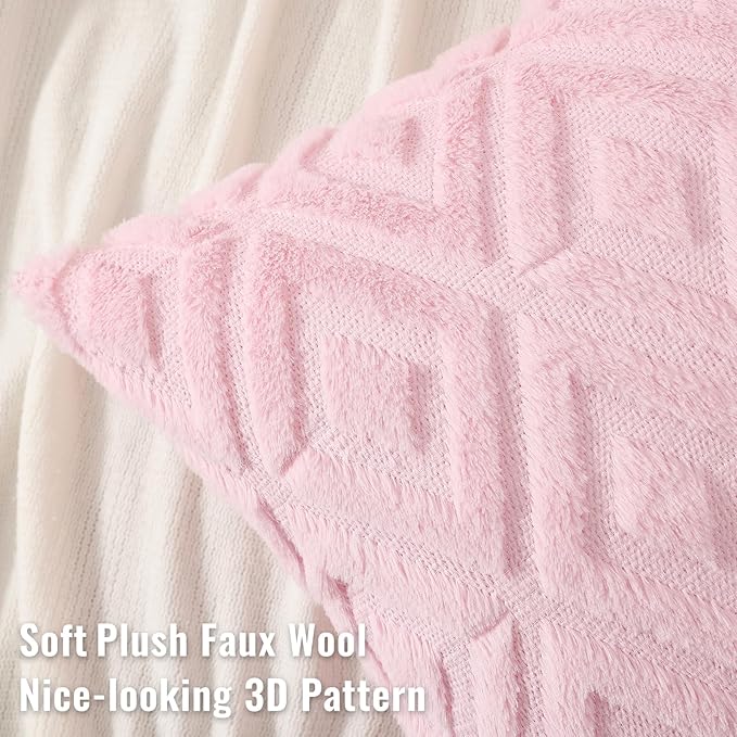 decorUhome Couch Throw Pillow Covers 12x20 Set of 2, Decorative Soft Plush Faux Wool Lumbar Neutral Accent Pillow Covers for Bed Sofa Living Room, Light Pink