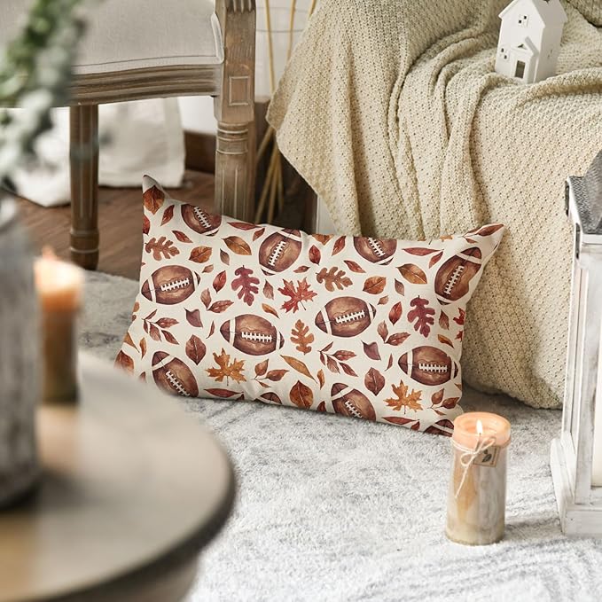 AVOIN colorlife Fall Football Maple Leaves Throw Pillow Cover 12x20 Inch, Seasonal Autumn Thanksgiving Harvest Cushion Case Decoration for Sofa Couch