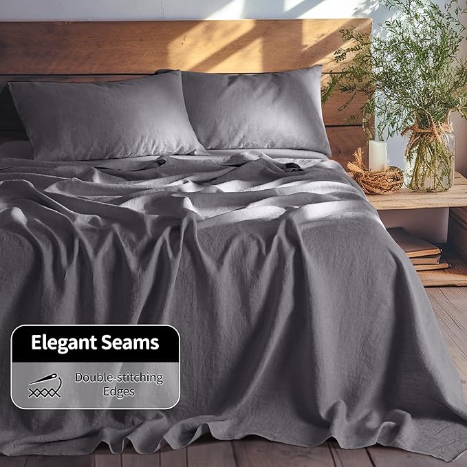 LBRO2M 100% Linen Sheet Set Queen Size, Bed Sheets 4 Piece Sets, Solid Color Natural Flax Bed Sheets Soft Breathable Bedding,16" Deep Pocket,All Season (Queen, Dark Grey)