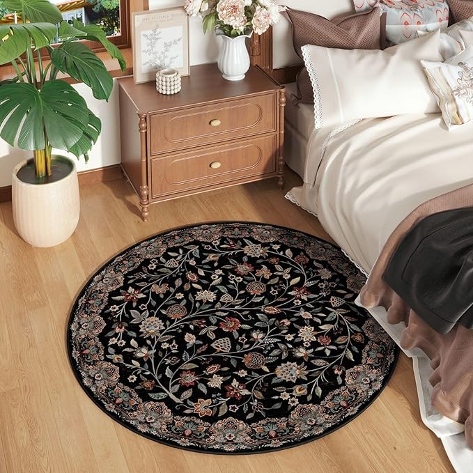 Rugcomf Vintage Paisley Round Rug 4ft - Machine Washable Area Rug, Non-Slip Low Pile Floral Carpet for Entryway, Living Room, Bedroom, Dining Room, Kids, Bathroom, Office - Black