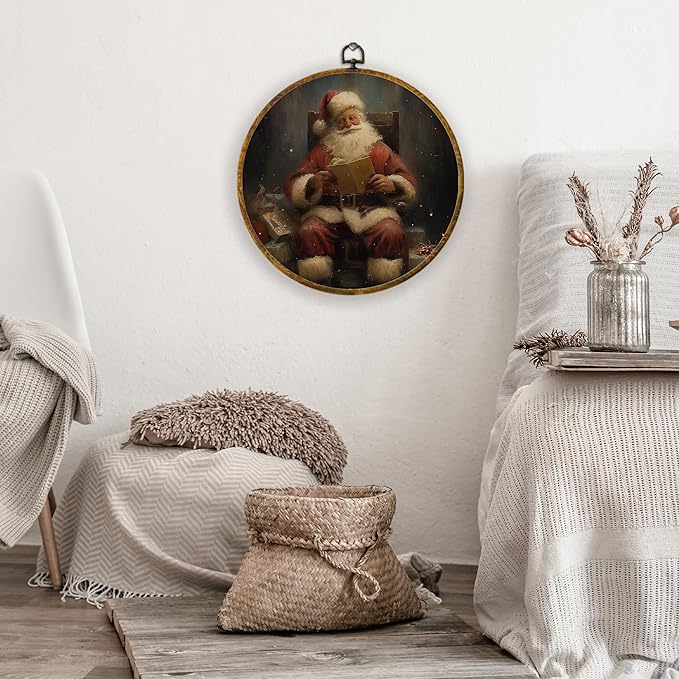 XPH Vintage Christmas Santa Round Wall Art Framed, Rustic Christmas Santa Reading Book Circle Wall Decor, Retro Winter Xmas Hanging Canvas Prints for Home Bedroom Living Room Decoration, 10x10 Inch