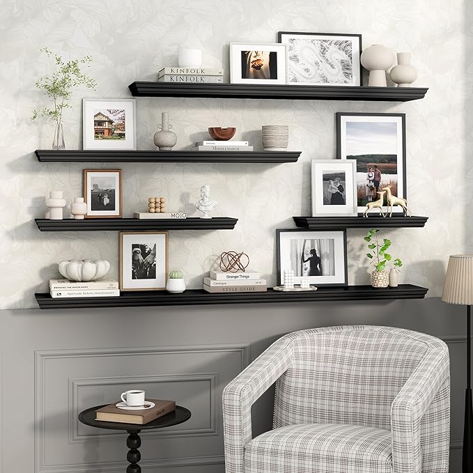 Axeman 36 Inch Floating Shelves for Wall, 9.3" Deep Crown Molding Wood Display Shelf with Heavy Duty Invisible Brackets for Living Room, Bedroom, Bathroom, Kitchen Decor & Storage, Set of 2, Black