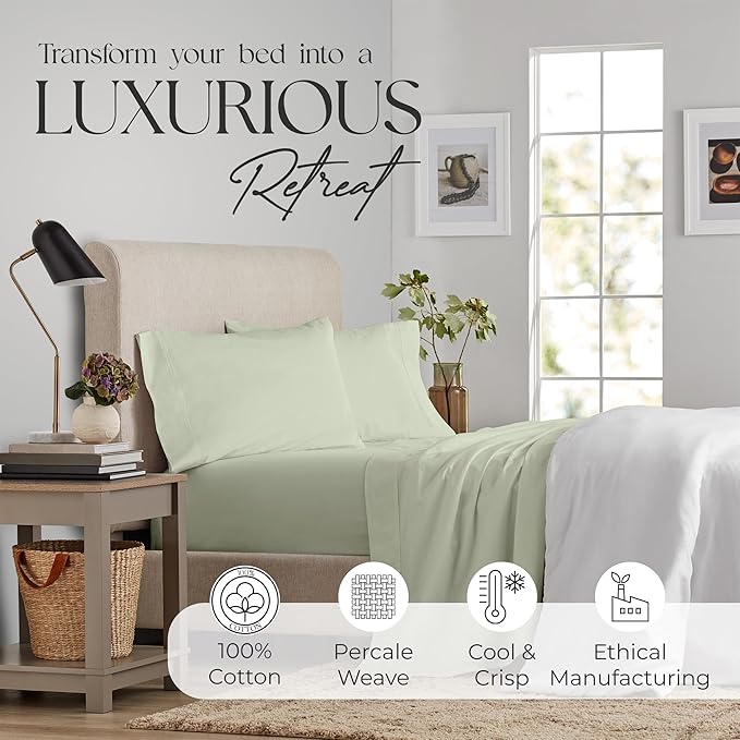 Supreme Elegance Full Size Bed Sheets Set - Natural 100% Cotton Percale Deep Pocket Full Size Sheet Set, OekoTex Made in Green Sustainable Cotton Bedding with Snug Fit, Crisp Comfy Feel, Brownish Grey