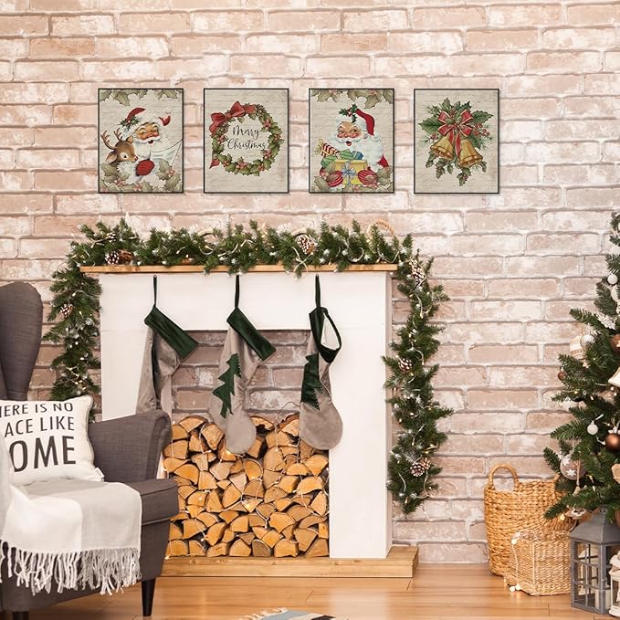 ETVISO Vintage Christmas Wall Art Prints Set of 4, Retro Christmas Garland Poster, Winter Holidays Gift Print Decor for Gallery, Living Room, Bathroom, 8x10 (Unframed)