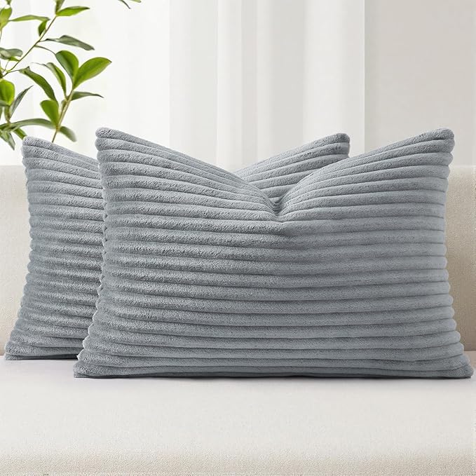 Simmore Decorative Fall Throw Pillow Covers 12x20 Set of 2, Soft Natural Plush Flannel Double-Sided Fluffy Lumbar Pillow Covers for Couch Sofa Living Room, Grey