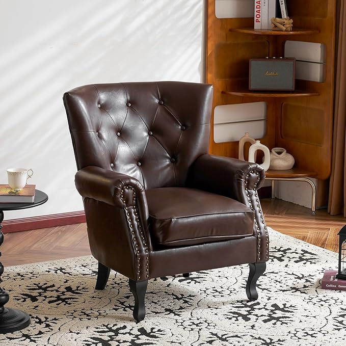 MOJAY PU Leather Accent Chair, Mid-Century Modern Armchair Living Room Club Chair with Tufted Button & Rivet Trim, Upholstered Sofa Chair with Sturdy Wood Legs for Bedroom (Caramel)