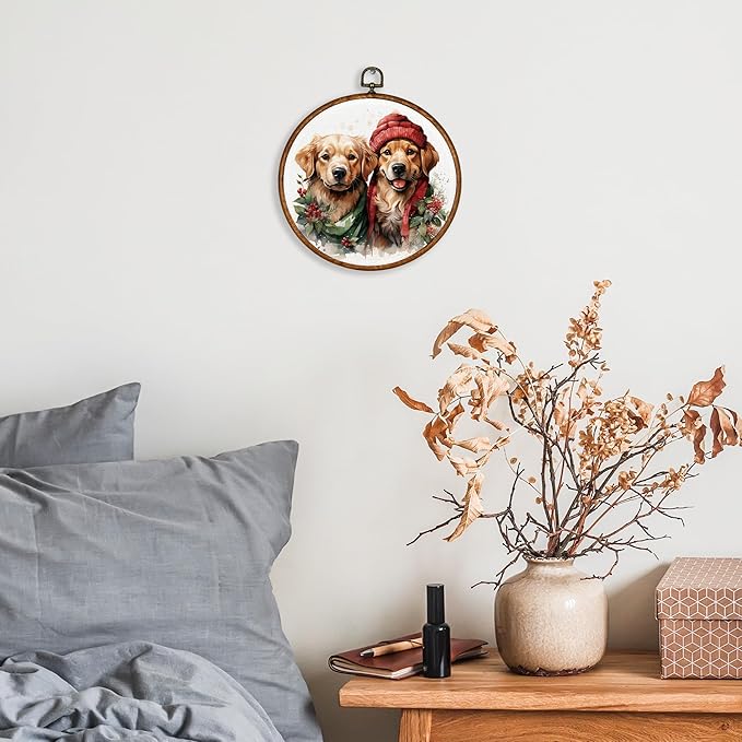 KSDUT Dog Christmas Wall Decor Art - Cute Golden Retriever Wall Art Canvas Frame Hanging Prints, Dog Puppy Xmas Holiday Round Wall Art Decor for Home Bedroom Decorations 10"x10"