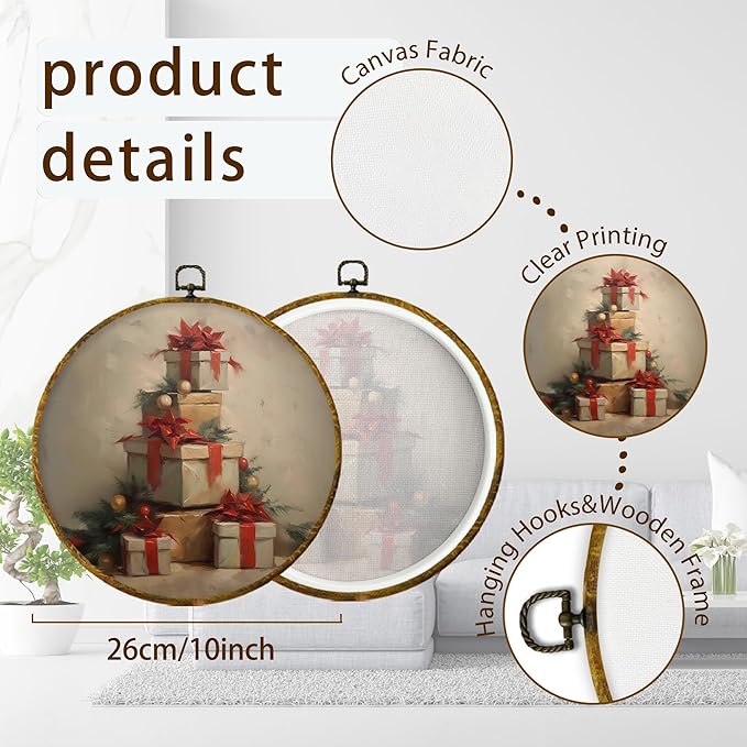 XPH Vintage Christmas Round Wall Art Framed, Winter Christmas Circle Wall Decor, Retro Cottagecore Holiday Gift Boxes Hanging Canvas Prints for Home Bedroom Living Room Decoration, 10x10 Inch
