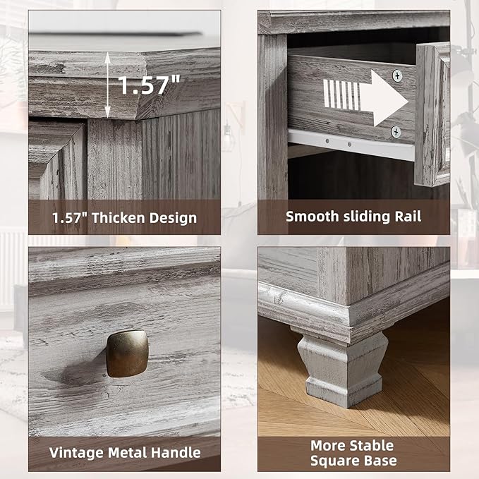 Farmhouse End Tables Living Room Set of 2, Rustic Wood Nightstand with 1 Drawer, Bedside Table with Open Shelf for Bed Room, Side Table for Living Room, Grey
