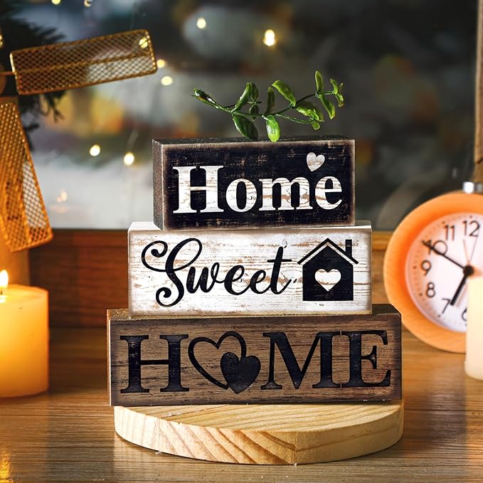 4 Pcs Farmhouse Wooden Tabletop Decor Farmhouse Tiered Tray Decor Rustic Eucalyptus Leaves Wood Block Sign Gift Sweet Home Centerpiece Home Table Decortion