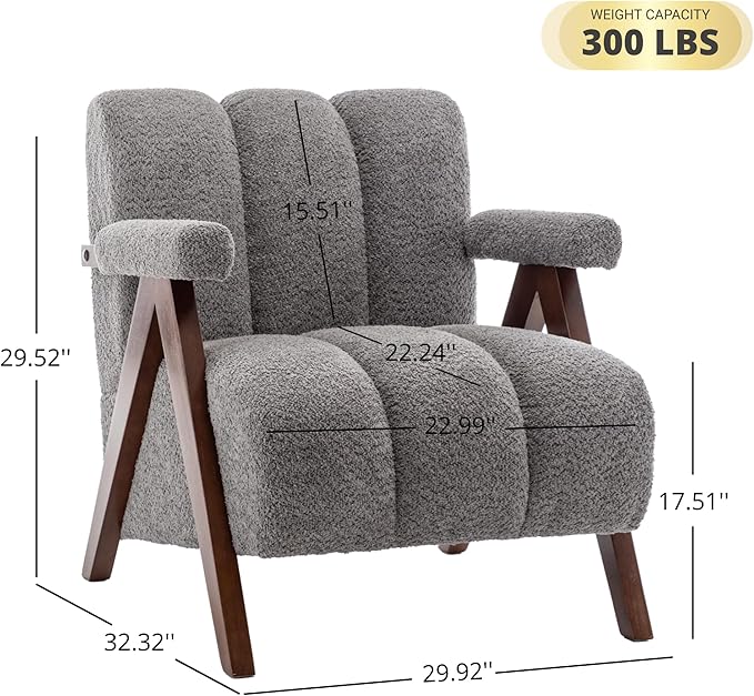 Mid Century Modern Accent Chairs Set of 2 with Solid Wood Frame, Boucle Upholstered Living Room Chairs with Thick Cushion, Comfy Tufted Arm Chair for Bedroom, Grey