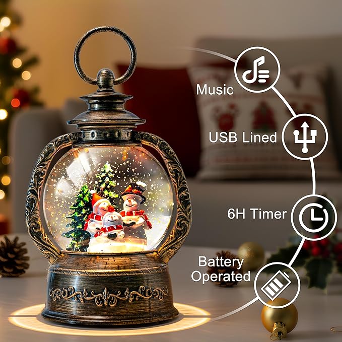 9.4" Christmas Snow Globe Water Lantern with Snowman Choir Scene Battery Operated or USB Powered Musical Lighted Holiday Decoration for Tabletop Display for Family and Friends