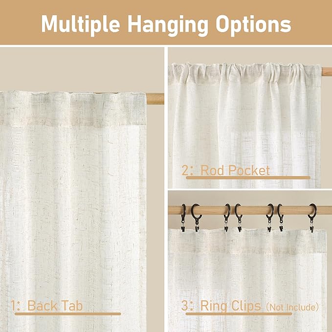 LAMIT Cream Linen Curtains 63 Inch for Bedroom, Light Filtering Neutral Semi Sheer Window Boho Curtains Back Tab and Rod Pocket Panels for Living Room, 2 Panels, 52 x 63 Inch