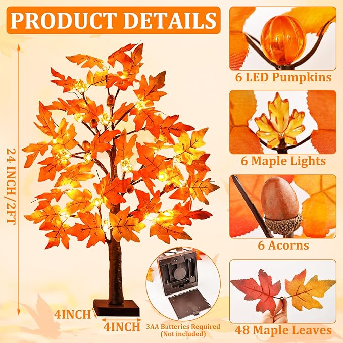 2 Pack 24 Inch Lighted Fall Tree for Fall Decorations with 48 LED Timer Battery Operated Tabletop Prelit Artificial Fall Light Up Tree for Home Indoor Outdoor Autumn Harvest Thanksgiving Table Decor