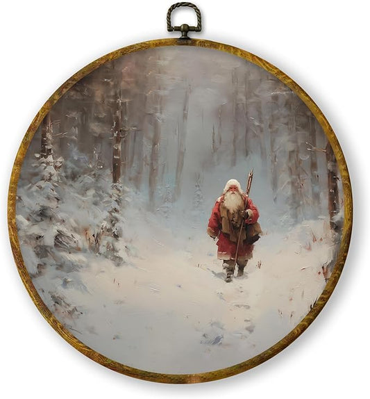 QZQE Vintage Winter Christmas Santa Round Wall Art Decor Framed, Winter Christmas Circle Canvas Prints, Rustic Forest Xmas Santa Circular Wall Hanging Decor for Home Bedroom Living Room, 10x10 Inch