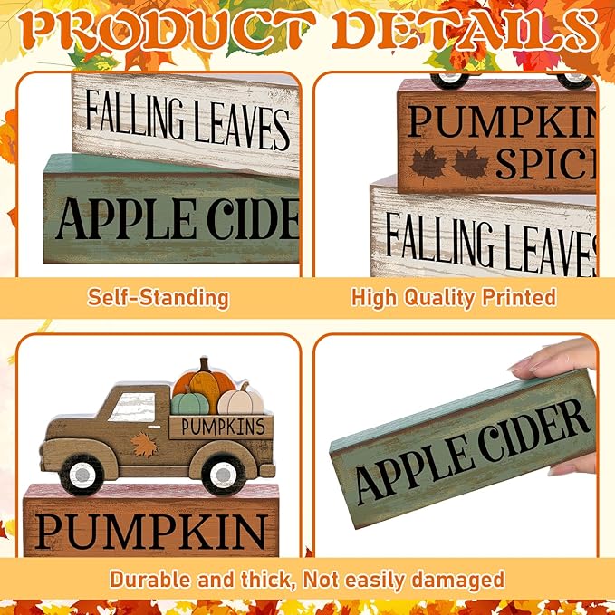 4 Pcs Fall Decorations for Home Fall Table Centerpiece Decor Autumn Tiered Tray Decor Rustic Decorative Truck Block Signs Gift Farmhouse Thanksgiving Table Decoration for Home Kitchen