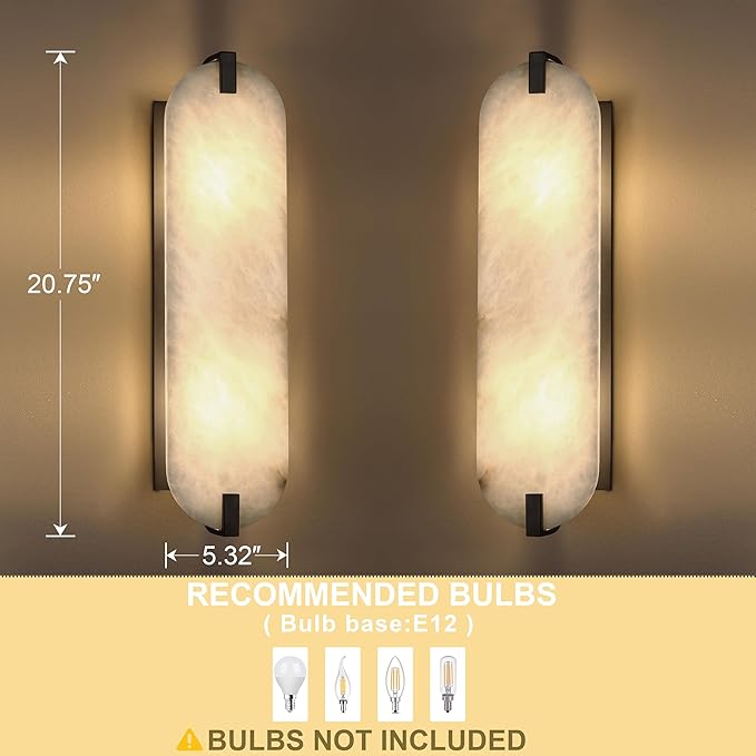 2 Pack 2 Light 20.7" Natural Oval Alabaster Marble Bathroom Wall Sconce Modern Concise Style Wall Light Fixture,Black Finish for Bedroom Hallway Bedside