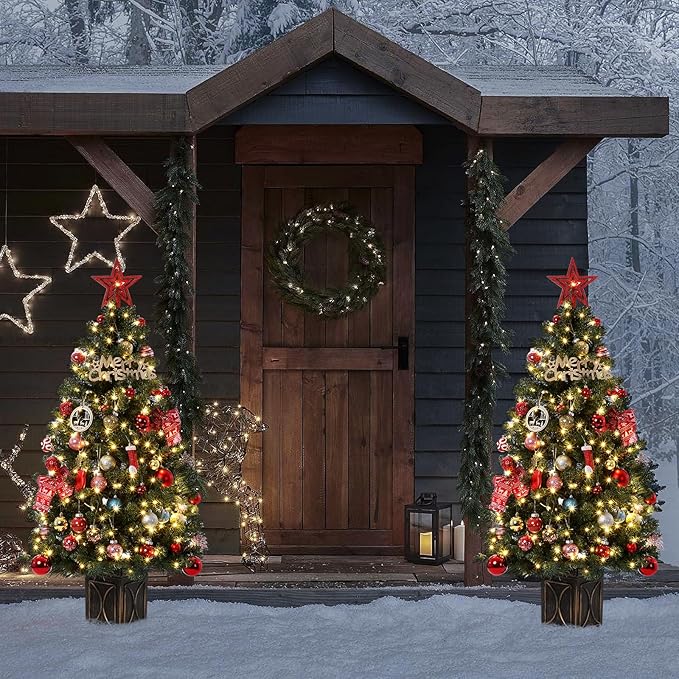 GarveeHome 4.5ft Green Christmas Tree, Pre-Lit Artificial Potted Xmas Tree with 300 Led Lights, 8 Lighting Modes, Black Base Design, Dense Branch Realistic Home Party Decoration w/Easy Assembly,1 PC