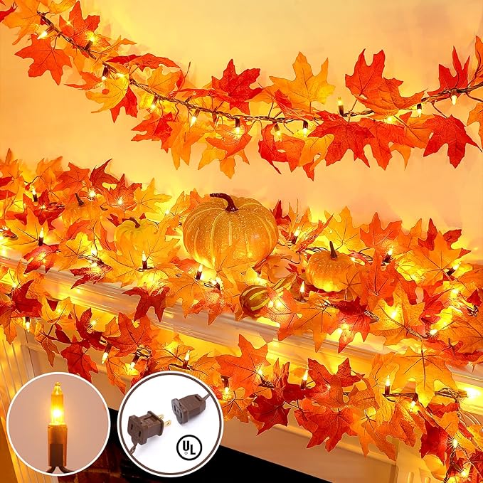 Fall Decor Fall Decorations for Home: Thanksgiving Decorations 10.8 FT Plug in Fall Garland with Lights 50 Orange Bulbs Connectable Lighted Fall Garland Thanksgiving Table Decor Indoor Outdoor