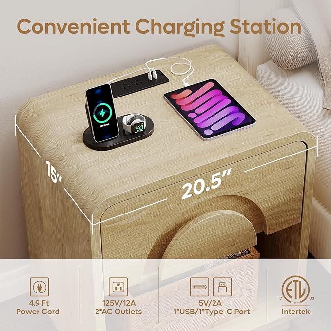 Bestier Night Stand Set of 2, Nightstands with Charging Station, Mid Century Modern Bedside Table with Drawer Storage, Arch Style Design, Curved Profile, Side End Tables for Bedroom