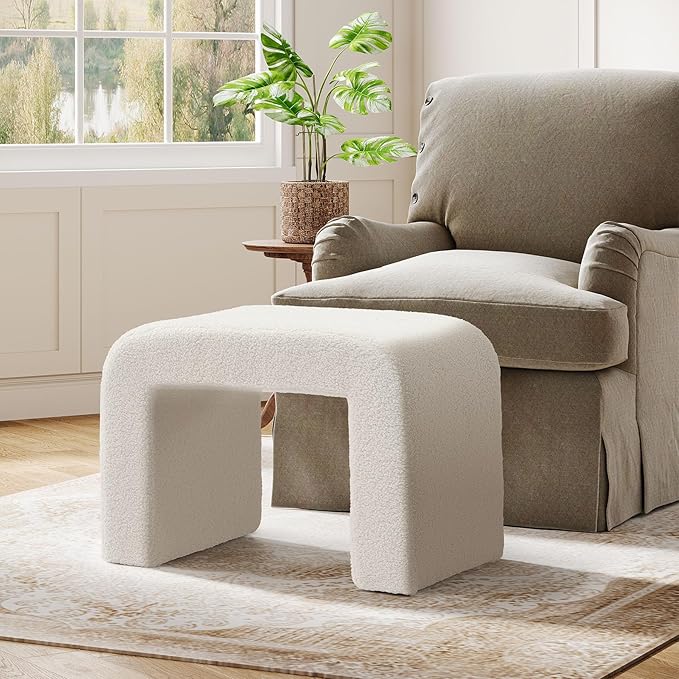 Tribesigns White Vanity Stool, Arched Foot Rest for Couch, Large Foot Stool Ottoman, Modern Extra Seating for Living Room, Shoe Bench for Entryway, Dressing Chair for Bedroom, Fully Assembly