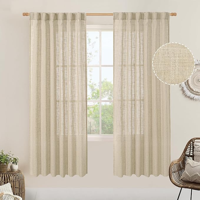 LAMIT Light Filtering Linen Curtains 78 inches Long for Bedroom, Faux Linen Textured Semi Sheer Back Tab and Rod Pocket Boho Modern Drapes for Living Room/Farmhouse, Linen, 2 Panels, 52 x 78 Inch