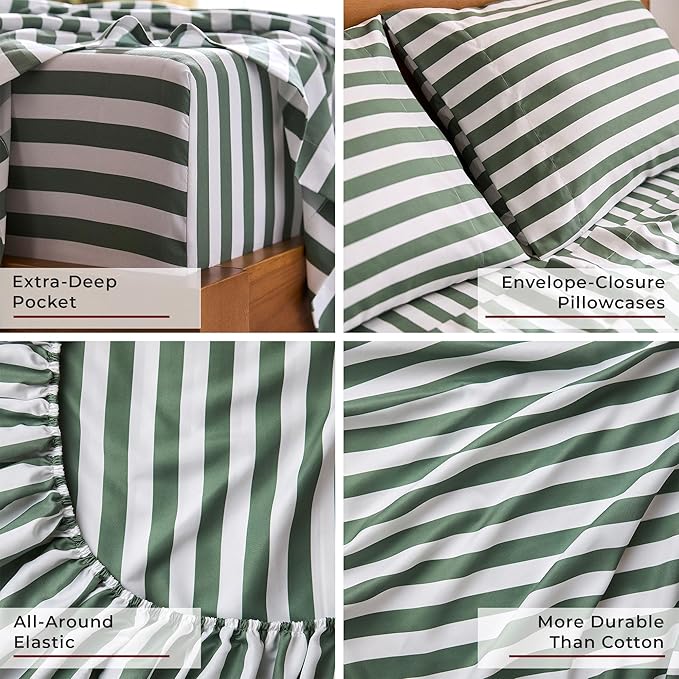 Mellanni Queen Sheets Set - 4 PC Iconic Collection Bedding - Hotel Luxury, Extra Soft, Cooling Bed Sheets - Wrinkle, Fade, Stain Resistant (Queen, Oxford Stripe Sage)
