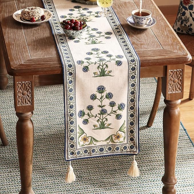 patdrea Designer Blue Rustic Elegant Floral Patterned Linen Table Runner 71 Inch Long,Wrinkle Resistant Table Mat,Decoration for Kitchen Dining and Coffee Tables Banquet Christmas , 12"x71"