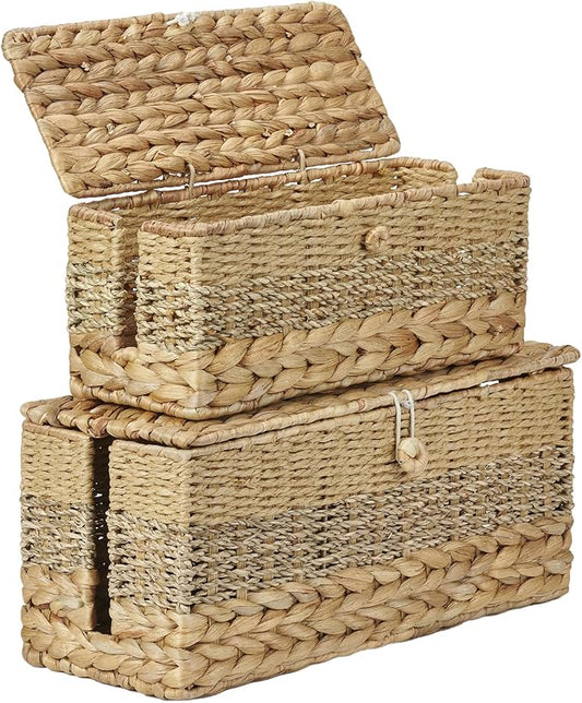 2PCS Cable Organizer Boxes Handmade Wicker Rattan Cord Management Box Adapter Power Strips Outlet Router Hider Cover Under Desk Electrical Wire Storage Organizer with Lid (1 Large 1 Medium)