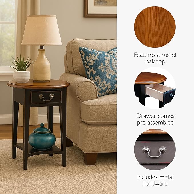 Leick Home End Table, Solid Wood, Oval Shape Top, 1 Storage Drawer, Bottom Display Shelf, Easy-Assembly, For Living Room/Bedroom, Slate Black/Medium Oak, 15.75 in. L x 20.5 in. W x 23.5 in. H, 9042-SL
