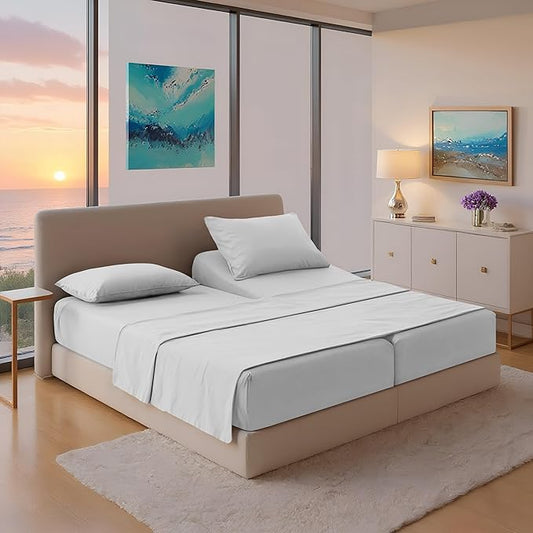 THREAD SPREAD 100% Egyptian Cotton Split King Sheets Sets for Adjustable Bed - Luxury 1200 Thread Count Sleep Number Sheets Split Top King (Light Grey), Cooling, Sateen Weave 17" Deep Pocket Sheet