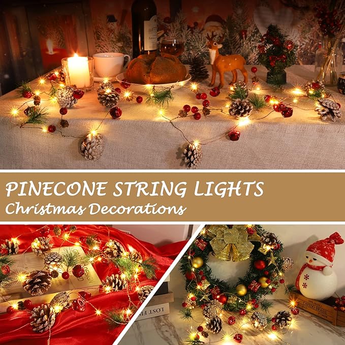 10FT Enchanting Christmas Garland with 30 LED Lights Battery Operated-Realistic Red Berries & Pine Cones Decor for Tree,Fireplace Mantel,Indoor Holiday Home Decor (10Ft)