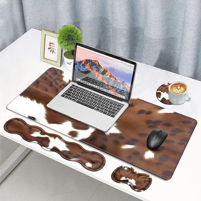 4 in 1 Ergonomic Memory Foam Mouse Pad Wrist Rest Set, Large XXL Gaming Desk Pad + Keyboard Wrist Rest + Mouse Wrist Cushion + Coaster for Home Office Study Gaming, Brown Cow Print