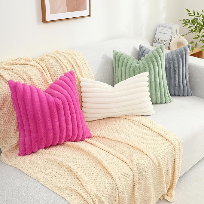 decorUhome Faux Fur Throw Pillow Covers 12x20 Set of 2, Decorative Soft Plush Striped Lumbar Neutral Couch Euro Pillow Covers with Velvet Back for Sofa, Bed, Living Room Home Decor, Hot Pink
