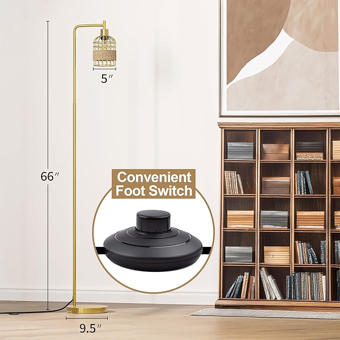 Oneach 66" Gold Floor Lamp for Living Room, Industrial Floor Lamp with LED Buld, Rattan Shade, Foot Switch, Minimalist Farmhouse Tall Standing Lamp for Bedroom, Office, Study Room