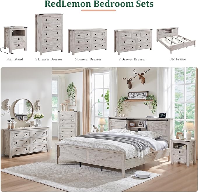 RedLemon Farmhouse Nightstand with Charging Station, Rustic 18 Inch End Table with 2 Storage Drawers and Open Shelf, Wood Sofa Side Table for Bedroom, Living Room (Antique Brush White)