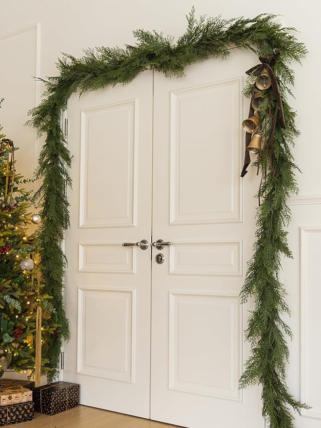 9ft Handmade Christmas Garland,Artificial Cypress Cedar Pine Greenery Seasonal Garland for Christmas Fireplace Winter Holiday Indoor Outdoor Decoration
