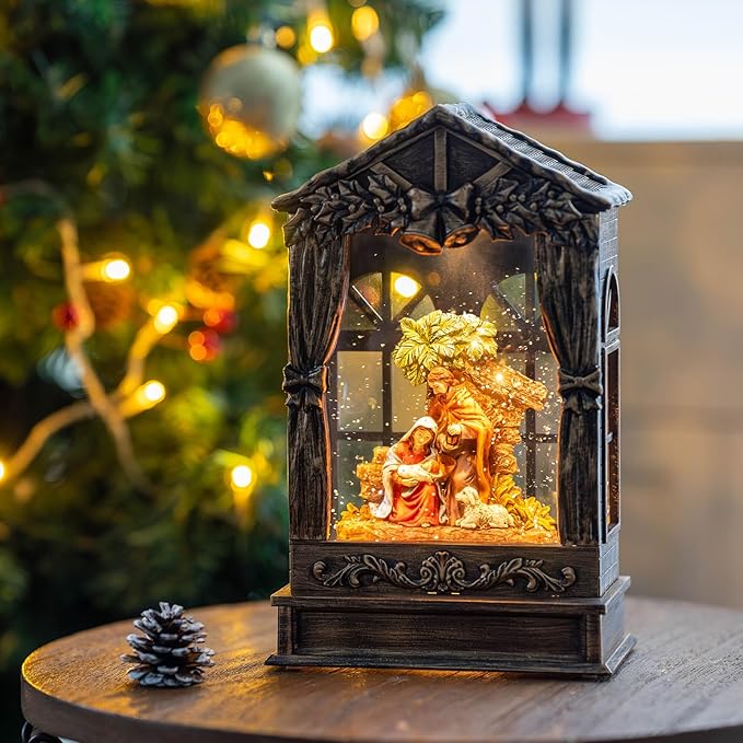 Christmas Snow Globe Lighted Manger Nativity Scene, Musical Water Lantern Play Silent Night Music in Swirling Glitter, Holiday Decorations Gifts for Family, Children or Friends