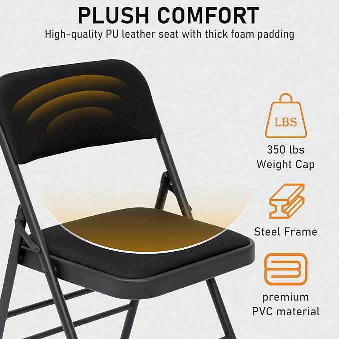 SEALAMB 4 Pack Fabric Folding Chairs with Padded Seats & Cushion, Metal Foldable Chairs for Wedding Party, Commercial Chairs for Office School Church Events, 350lb Capacity (Black-Fabric, 4 Pack)