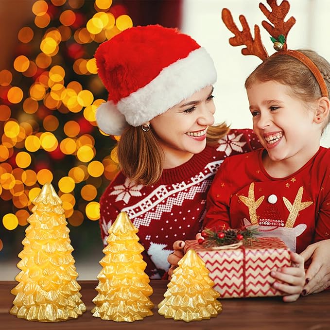 Christmas Flameless Candles Gold Christmas Tree Tabletop Flickering LED Warm Light Battery Operated Candle with Remote Lighted Xmas Tree Figurines for Fireplace Home Decor Indoor Holiday Gifts