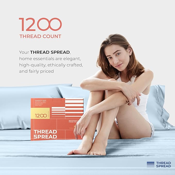 THREAD SPREAD 100% Egyptian Cotton Sheets California King Size - 1200 Thread Count 4 PC Cal King Sheets Egyptian Cotton, Cooling Sateen Sheets, High Thread Count Sheets California King - Light Blue