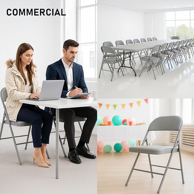 SEALAMB 4 Pack Grey Folding Chairs with Padded Seats & Cushion, Durable Metal Foldable Chairs for Wedding Party, Commercial Chairs for Office School Church Events, 330lb Capacity (Grey-PU, 4 Pack)