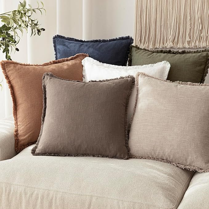 Foindtower Set of 2 Decorative Linen Fringe Throw Pillow Covers Cozy Farmhouse Cushion Cover with Tassels Accent Pillowcase for Couch Chair Sofa Bed Living Room Home Decor,20×20 Inch,Light Coffee
