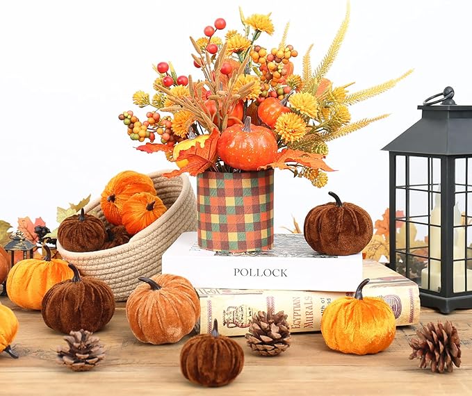 Super Holiday Fall Decor, 12" Artificial Orange Pumpkin Berry Maple Tree Halloween Thanksgiving Table Centerpieces Decorations, for Home Farmhouse Autumn Harvest Holiday Party Decor.