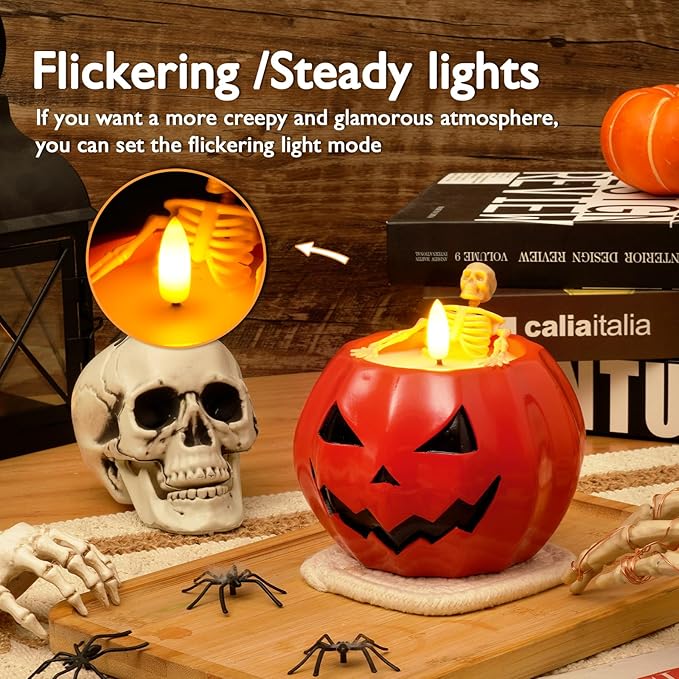 Homemory Halloween Flameless Pumpkin Candles, 2Pcs LED Real Wax Pumpkin Lamp with Skeleton, Flickering Battery Operated Candles with Remote for Halloween Decor, Theme Party, Holiday Gift, Orange