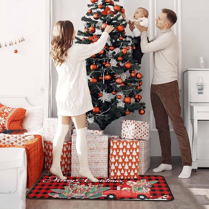 Buffalo Plaid Red Truck Christmas Kitchen Rugs 2 PCS, Merry Christmas Kitchen Rug, Non Skid Washable Soft Comfort Kitchen Rugs Set (17"x47"+17"x30",Merry Christmas)