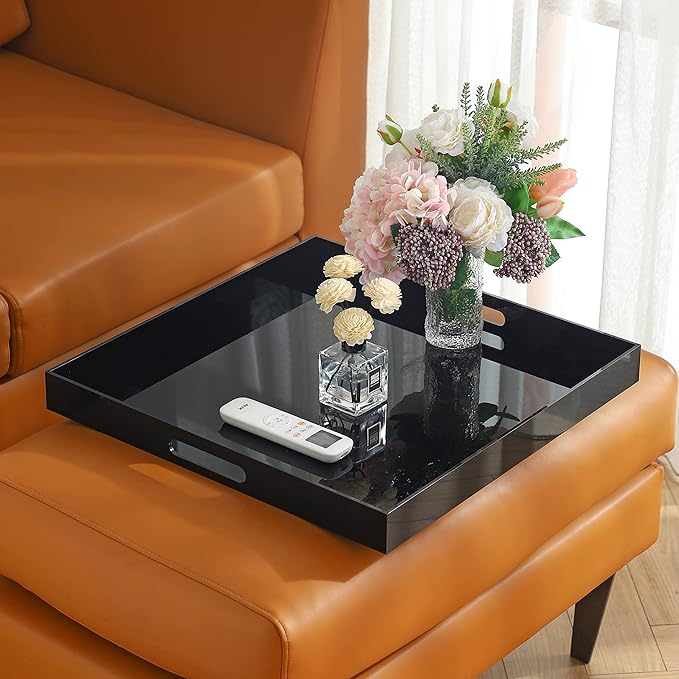 Black Oversize Acrylic Serving Tray with Handles 20x20 Inch -Spill Proof- Decorative Trays Countertop Organizer for Ottoman,Nightstand, Sidetable, Butler (20x20 Inch, Black)