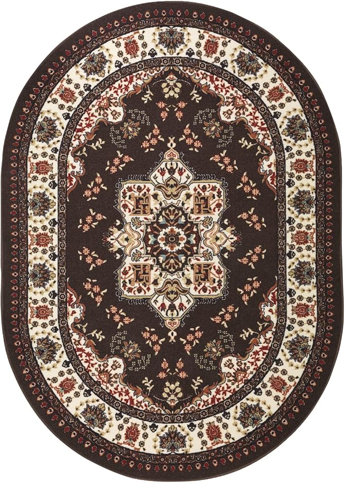 Antep Rugs Alfombras Oriental Traditional 5x7 Non-Skid (Non-Slip) Low Profile Pile Rubber Backing Indoor Area Rugs (Brown, 5' x 7' Oval)