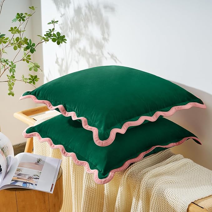 MONDAY MOOSE Decorative Throw Pillow Covers Cushion Cases, Set of 2 Soft Velvet Scalloped Wavy Edge Designs, Mix and Match for Home Decor, Pillow Inserts Not Included (Pink/Green, 20x20 inch)