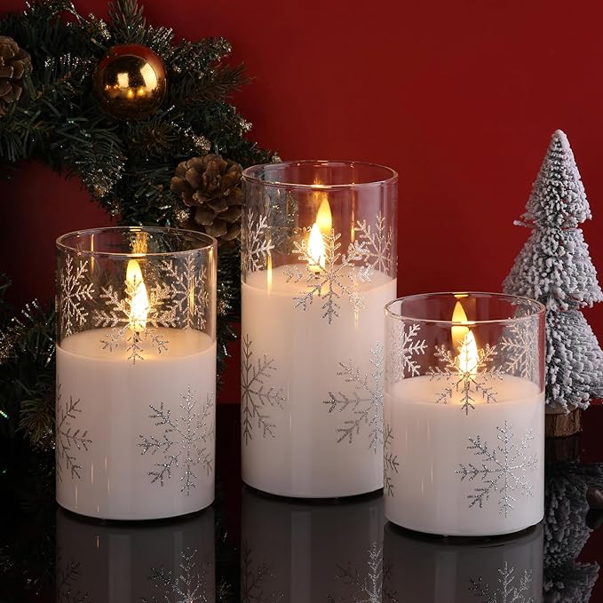 Clear Snowflakes Christmas Flameless Candles with Remote, Flickering Battery LED Pillar Candles Set of 3